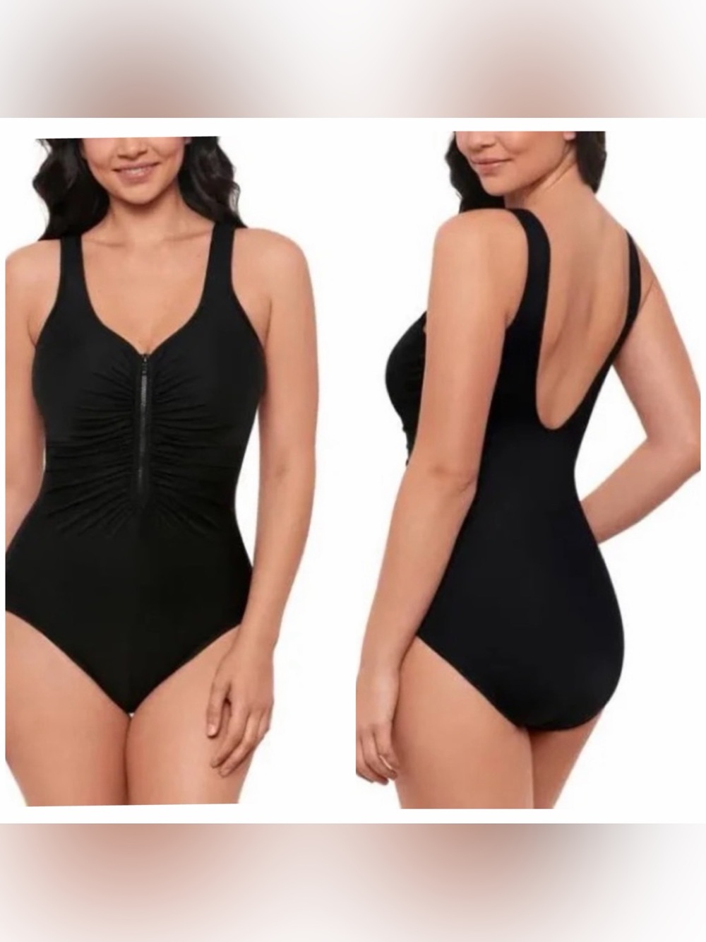 Miradonna by Miraclesuit Front Zipper One Piece Swimsuit Black Sz 16
